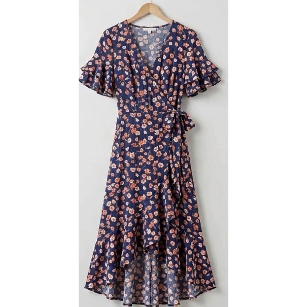 NEW MAX STUDIO Size L Floral Ruffle Crepe High/Low Wrap Midi Dress